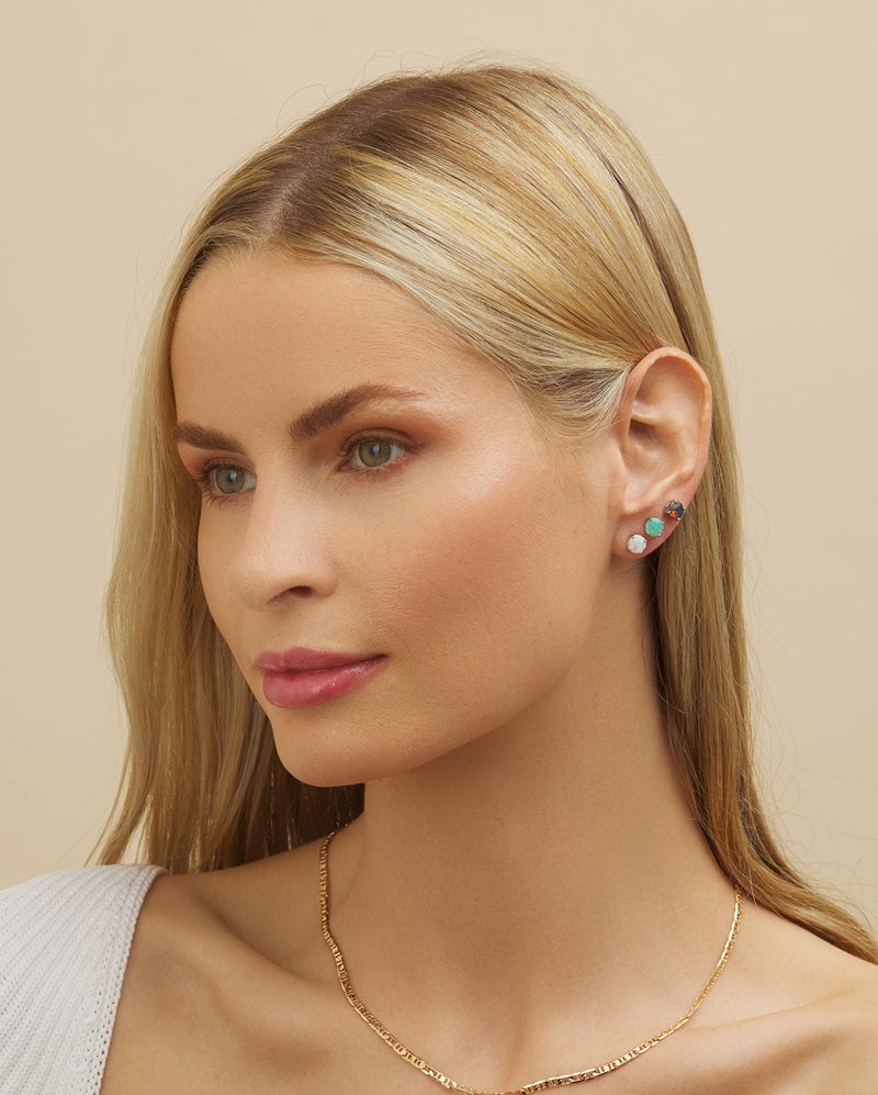 Barzel 18K White Gold Plated Black, White & Green Created Opal Stud Earrings 3 Pack Set, 6MM (Multicolor) - Image 3