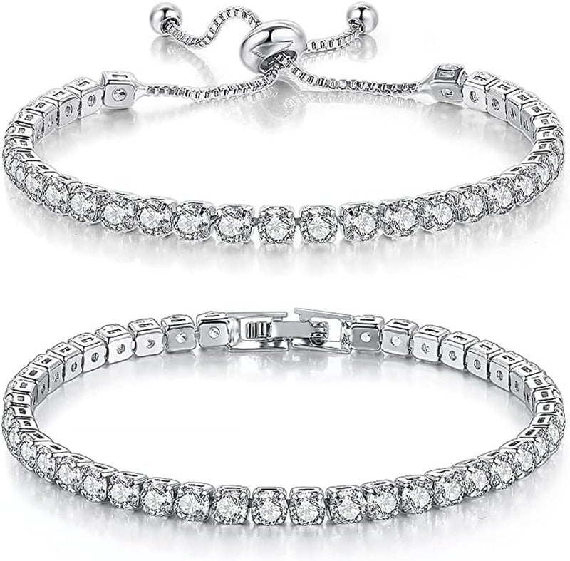 LinJie Women's 14K Gold Plated Adjustable Tennis Bracelet with 4mm Cubic Zirconia - 2 Pieces - Image 1