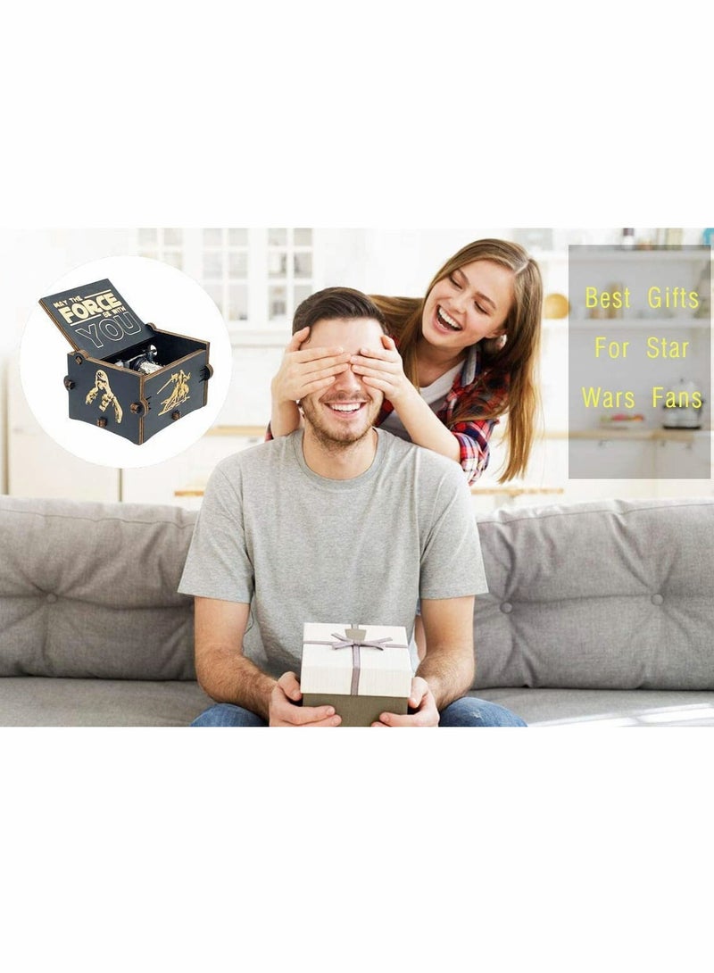 Zikra Star Wars Music Box, Wooden Hand Crank Unique Musical Boxes Theme Starwars, Mini Antique Vintage Craft Laser Engraved Home Decorations for Wedding, Valentines, Birthday Gifts, Vintage Wooden (Black) - Image 3