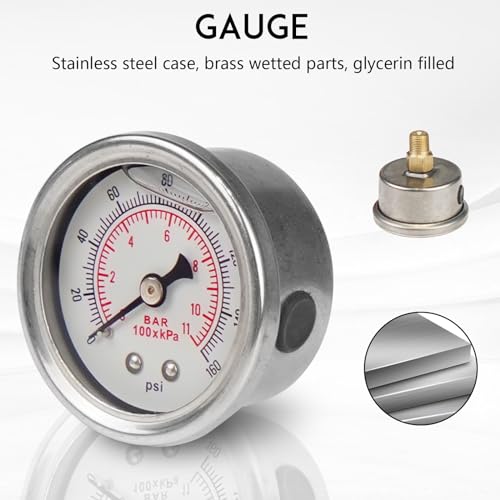 Dexepe Fuel Pressure Regulator AN8 Feed & AN6 Return Line 0-160 PSI Fuel Pressure Gauge Set Black - Image 3