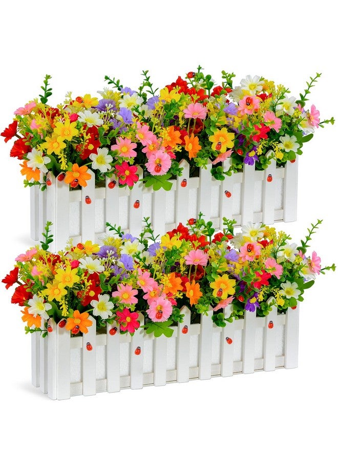 زونور نباتات زهور صناعية من XONOR - زهور أقحوان صناعية بألوان مختلطة في وعاء سياج خشبي للديكور الداخلي والمكتب وحفلات الزفاف والمنزل على حافة النافذة في الربيع، مجموعتان - Image 1