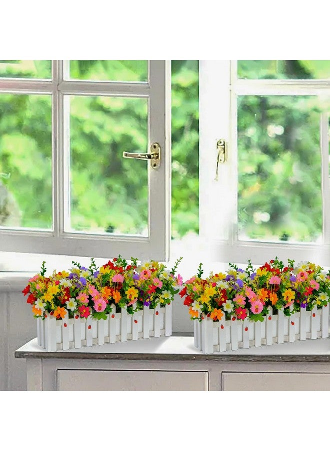 زونور نباتات زهور صناعية من XONOR - زهور أقحوان صناعية بألوان مختلطة في وعاء سياج خشبي للديكور الداخلي والمكتب وحفلات الزفاف والمنزل على حافة النافذة في الربيع، مجموعتان - Image 5