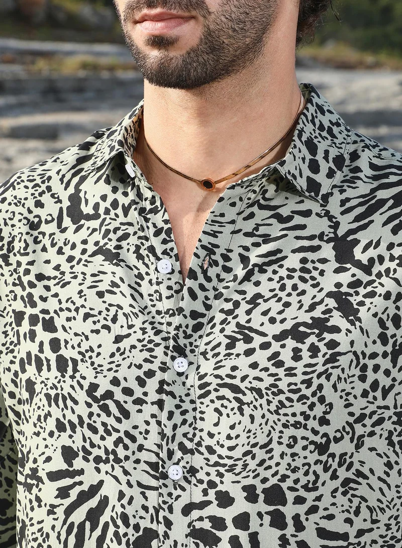Campus Sutra Men's Onyx Black & Cream White Leopard Imprint Shirt