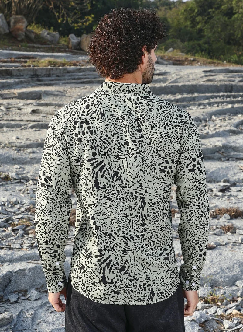 Campus Sutra Men's Onyx Black & Cream White Leopard Imprint Shirt