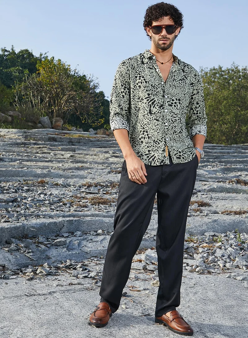 Campus Sutra Men's Onyx Black & Cream White Leopard Imprint Shirt