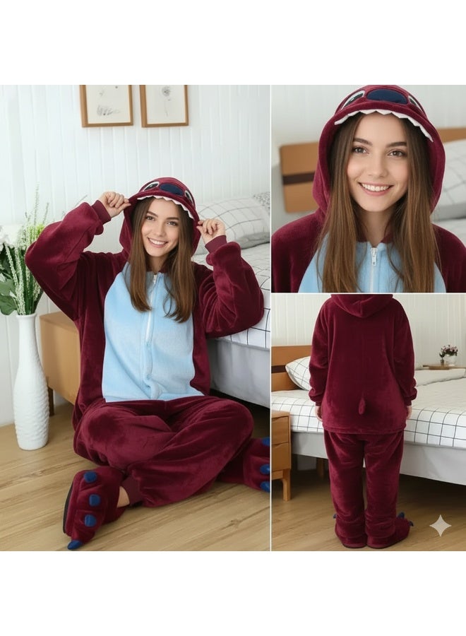 مانيكان بيجامة نسائية شتوية للكبار بطبعة رسوم متحركة، بدلة نوم متكاملة من قطعة واحدة من الفلانيل مع سحاب، شبشب على شكل حيوان، طقم بيجامة كبير الحجم، زي تنكري. - Image 1