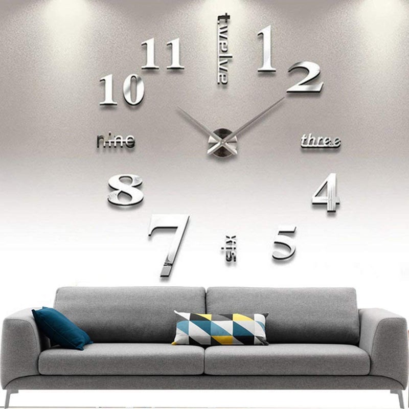 CUGBO DIY Wall Clock Modern Large 3D Wall Clock Mirror Stickers Home Office Decor,Silver - Image 1
