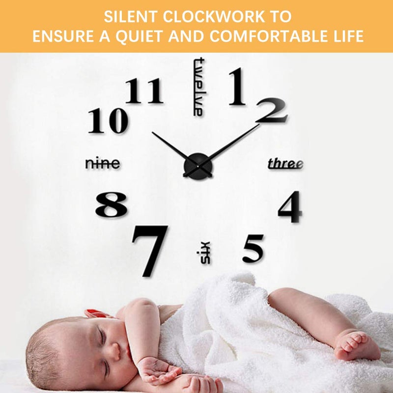 CUGBO DIY Wall Clock Modern Large 3D Wall Clock Mirror Stickers Home Office Decor,Silver - Image 5