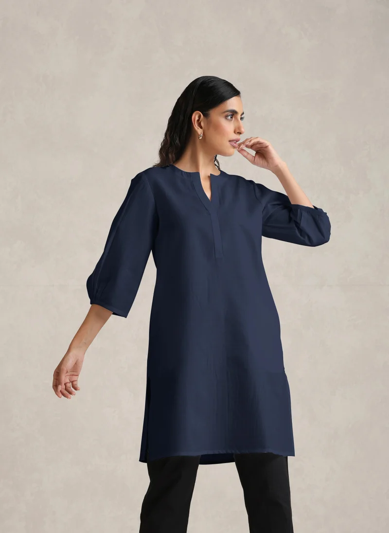 trueBrowns trueBrowns Blue Cotton Blend Short Kurta