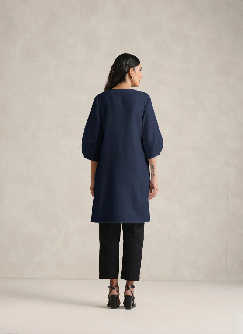 trueBrowns trueBrowns Blue Cotton Blend Short Kurta