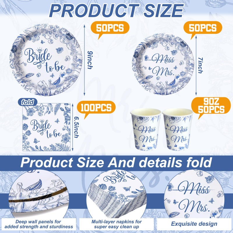 Zhehao 250 Pcs Bride to Be Bridal Shower Plates Napkins Sets 50 Pcs 9'' Dinner Plates and 7'' Dessert Plate and 9oz Cups 100 Napkins Serves 50 Party Supplies Bridal Shower Engagement Decoration - Image 2