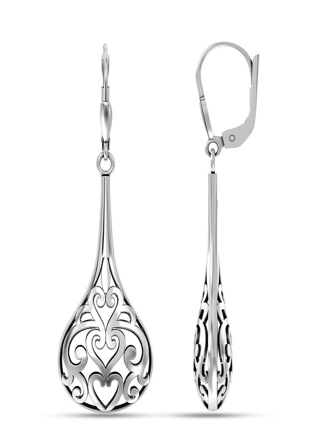 LeCalla Sterling Silver Leverback Earrings Lightweight Antique Oxidized Filigree Bali Inspired Lever-Back Teardrop Dangle Drop Earring for Women - 47mm - Image 3