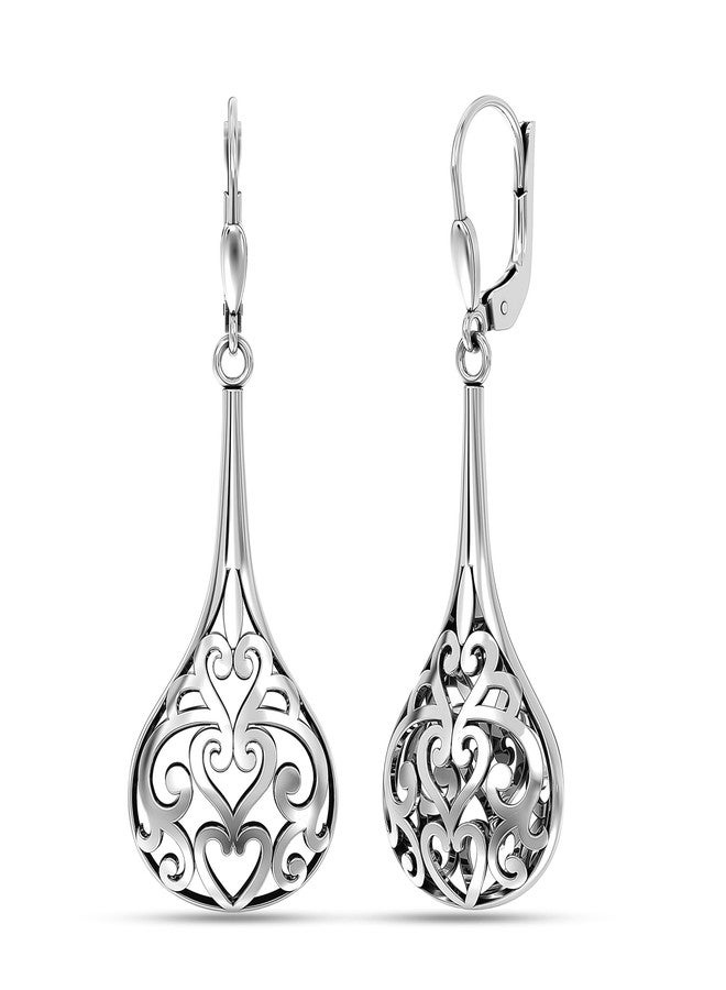 LeCalla Sterling Silver Leverback Earrings Lightweight Antique Oxidized Filigree Bali Inspired Lever-Back Teardrop Dangle Drop Earring for Women - 47mm - Image 1