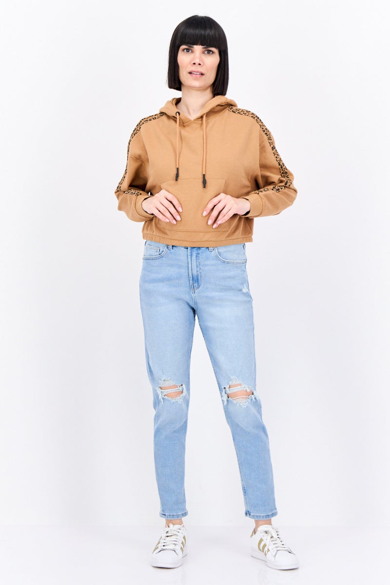 BRAVE SOUL Women Hood with Drawstring Long Sleeve Animal Print Sweatshirts, Camel Brown - Image 4