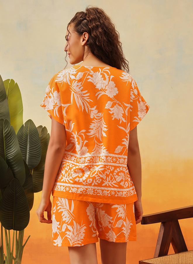 Clovia Rayon Floral Leaf Print Top and Shorts Set - Image 4