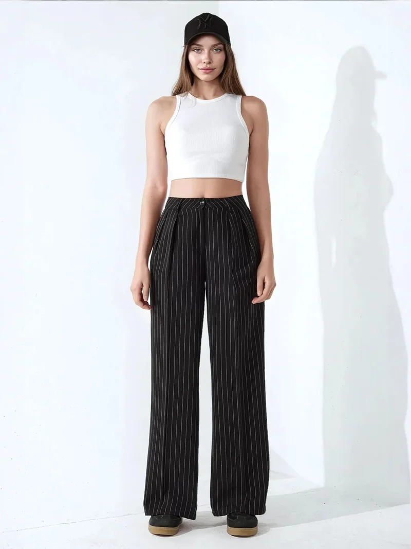 HICCUP Black Striped Wide Leg Pleated Palazzo Pants for Women | Best Price UAE