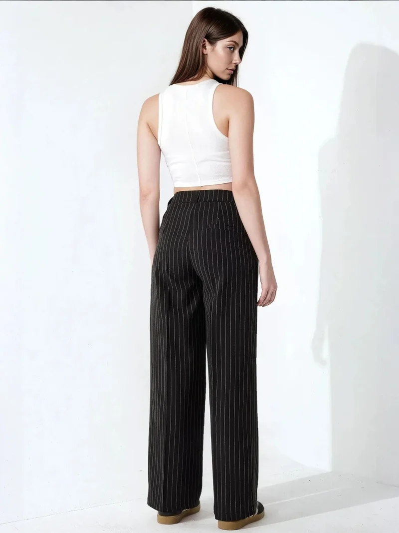 HICCUP Black Striped Wide Leg Pleated Palazzo Pants for Women | Best Price UAE