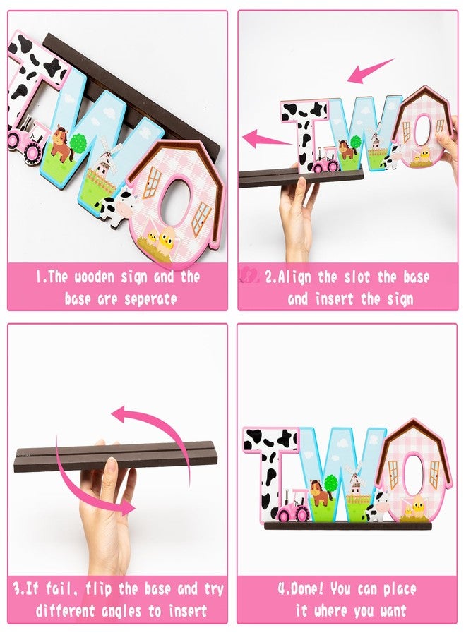 Haooryx Farm Centerpiece - Pink Farm Animal Sign Wooden Table Centerpiece Barnyard Birthday Party Sign Two Years Old Birthday Party Decorations Baby Shower Photo Props - Image 4