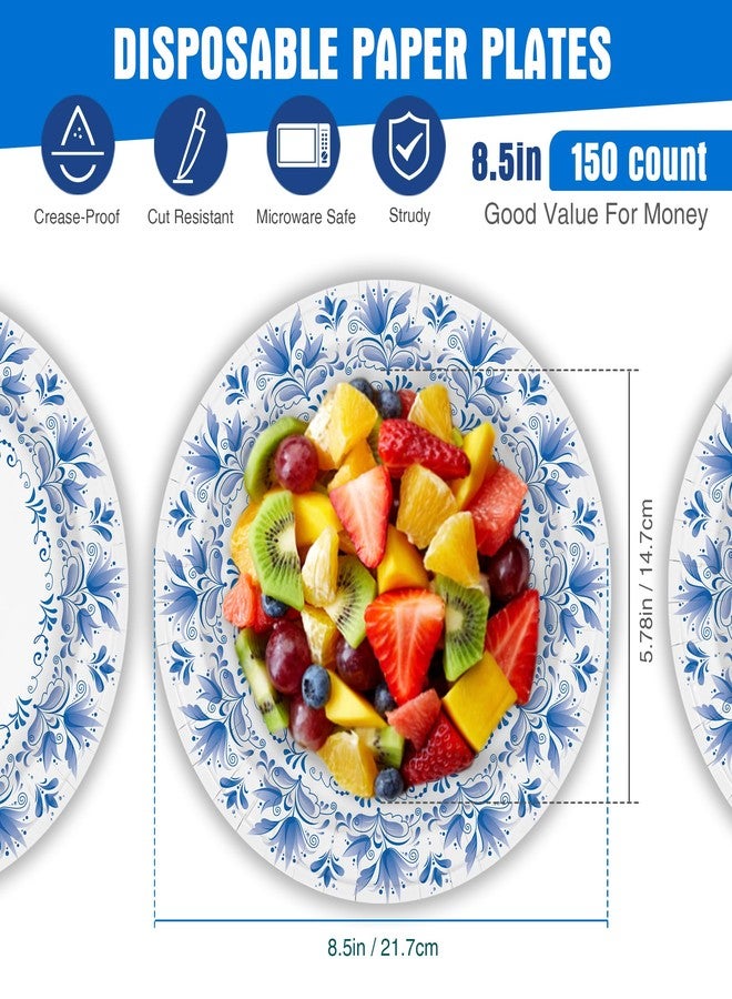 Charmount Blue Flower Printed Paper Plates - Bulk 8.5 Inch, 150pcs, Soak & Cut Proof for Parties & Daily Use - Image 2