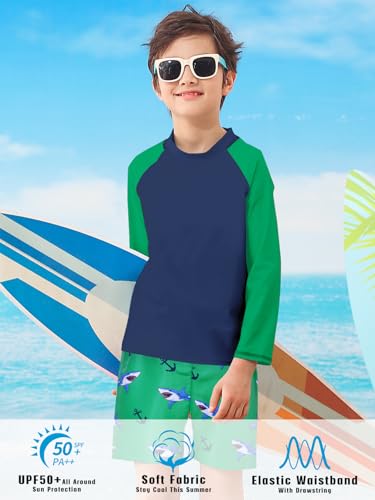 SunFocus 10-12 Rash Guard Sets Boys Swimsuit and Swimming Trunks Shark Long Sleeve Bathing Suit Swimwear Sets Green - Image 3