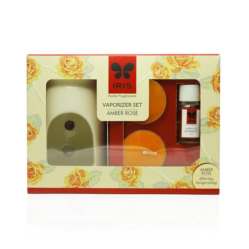 IRIS Home Fragrance Amber Rose Vaporizer Set with Two Tea Light Candles Amber Rose Scent Chemical Free Fine Living Fragrance RoomFreshener Made in India 123 cm x 66 cm x 153 cm - Image 1