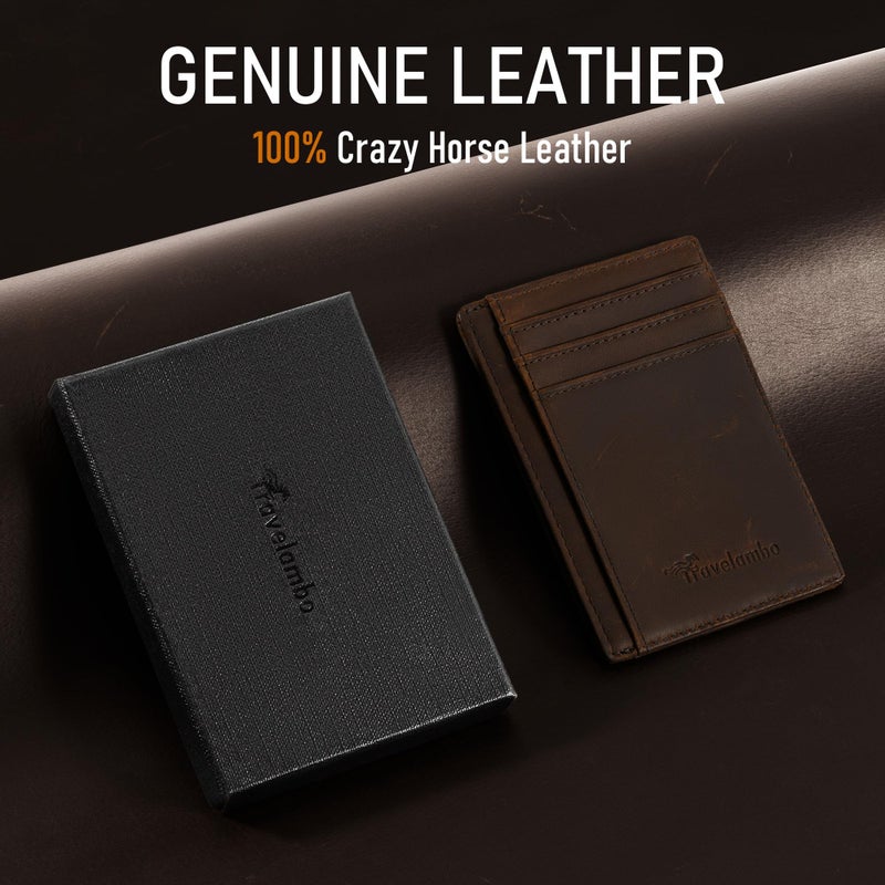 Travelambo 100% Genuine Leather Wallet for Men and Women, Slim Minimalist RFID Blocking Front Pocket Credit Card Holder with Gift Box - Image 2