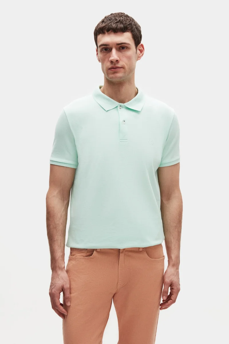 D'S DAMAT Regular Fit Mint 100% Cotton Long-Lasting Non-Curl Polo Collar Embroidered T-Shirt 4HC14ORT51000