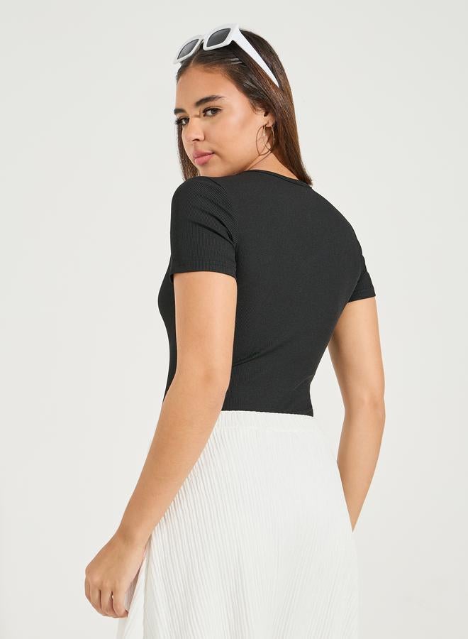 Styli Rib Button Placket V Neck Bodysuit  - Image 5