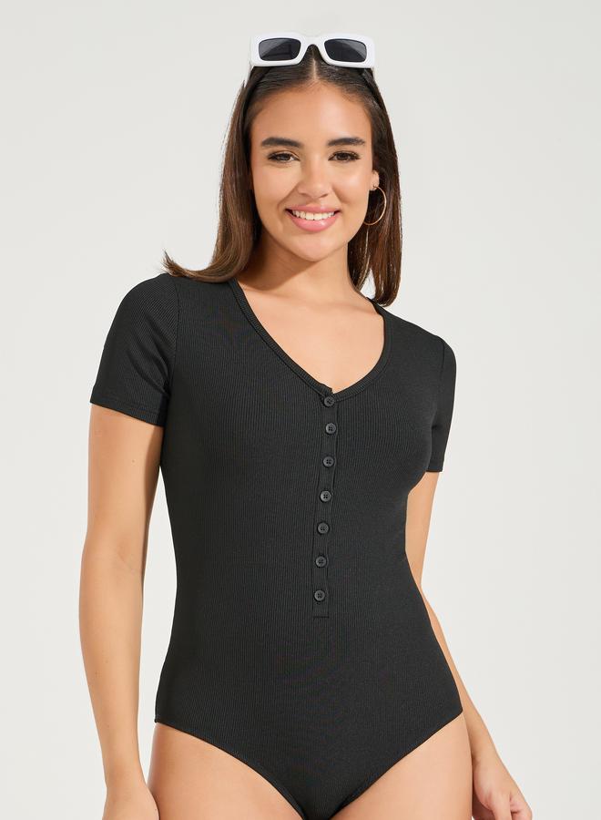 Styli Rib Button Placket V Neck Bodysuit  - Image 1