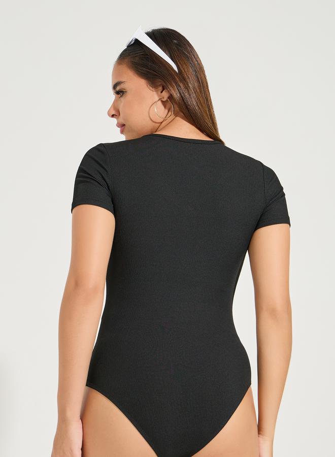 Rib Button Placket V Neck Bodysuit