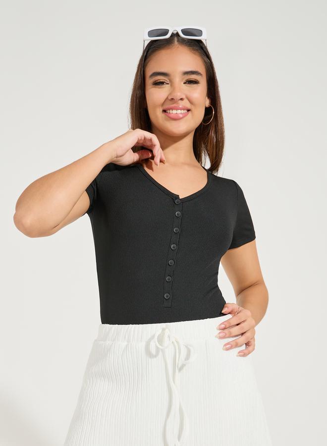 Styli Rib Button Placket V Neck Bodysuit  - Image 2