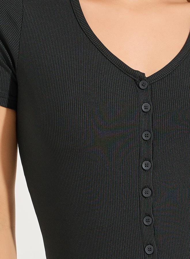 Styli Rib Button Placket V Neck Bodysuit  - Image 4