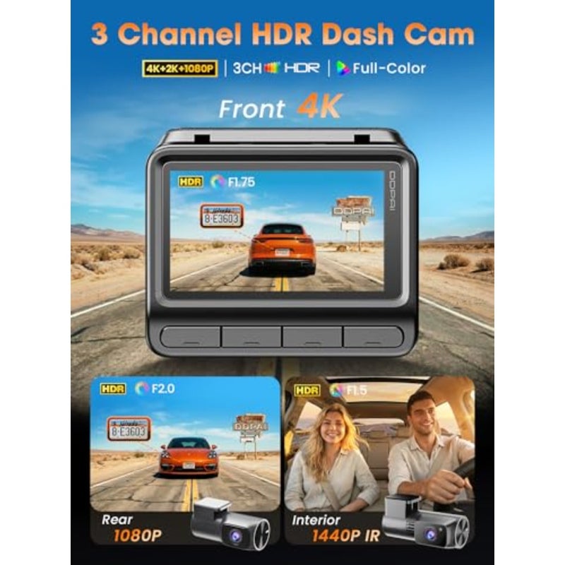 3 Channel Dash Cam for Cars, 4K+2K+1080P Front Inside Rear Dashcam, 64G Card Included, 3CH HDR Car Dash Camera, 3" IPS, 5G WiFi6, GPS, 2K/60FPS, AI ISP Night Vision, 24H Parking Mode, Z60T - Image 2