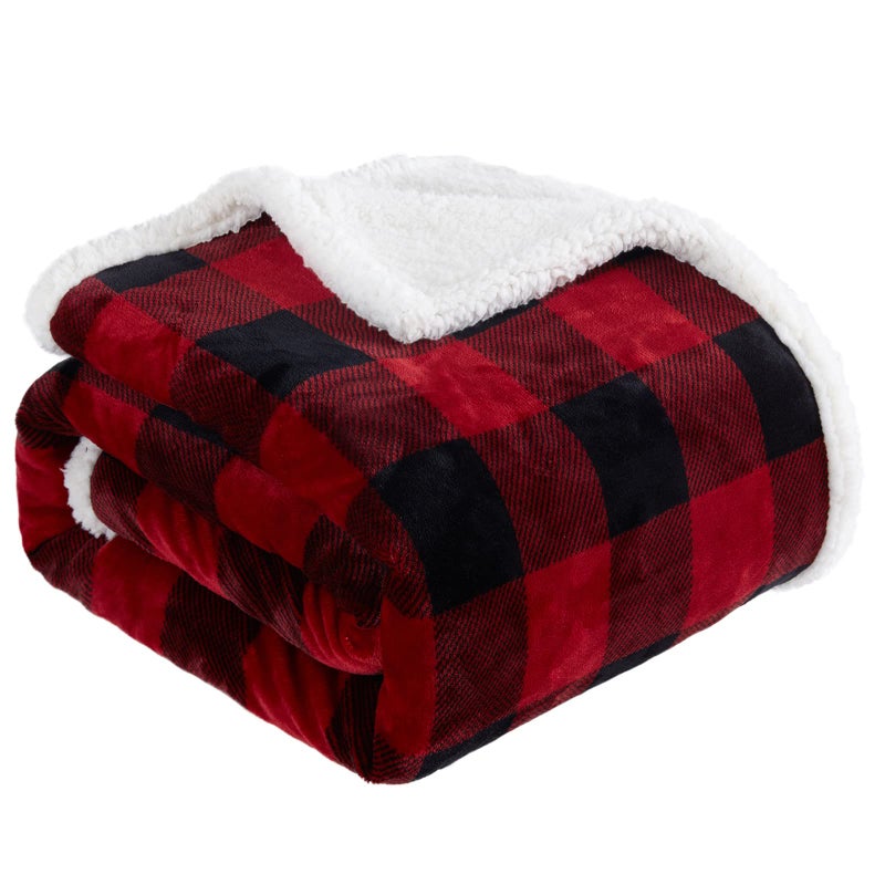 Touchat Sherpa Red and Black Buffalo Plaid Christmas Twin Blanket 60" X 70", Fuzzy Fluffy Soft Cozy Throw Blanket, Fleece Flannel Plush Microfiber Blanket for Couch Bed Sofa - Image 1