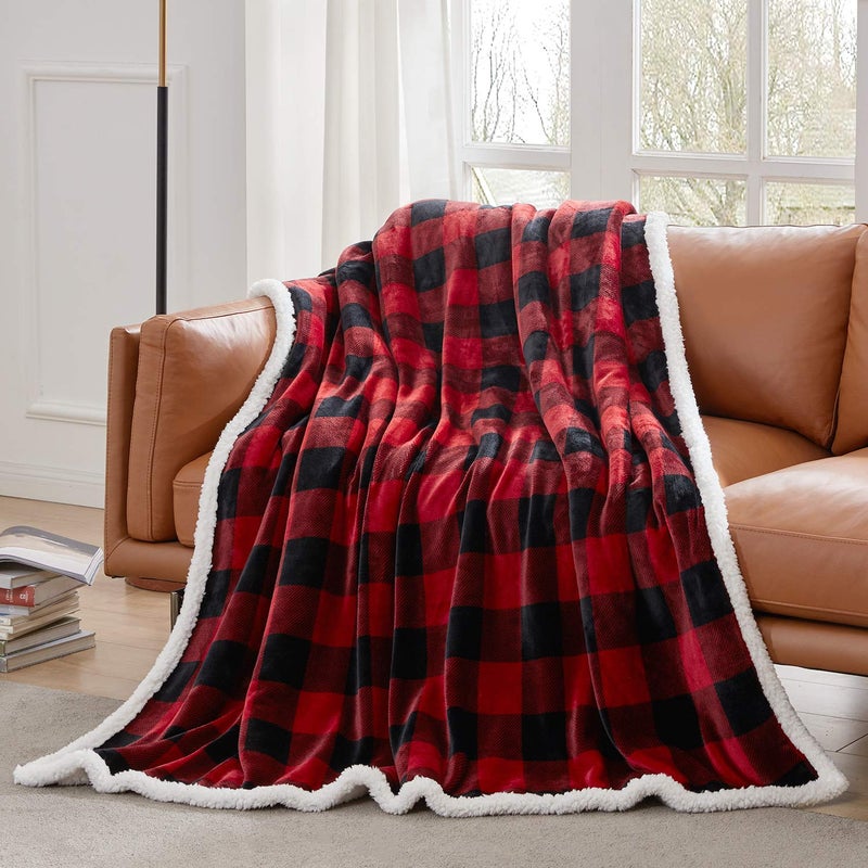 Touchat Sherpa Red and Black Buffalo Plaid Christmas Twin Blanket 60" X 70", Fuzzy Fluffy Soft Cozy Throw Blanket, Fleece Flannel Plush Microfiber Blanket for Couch Bed Sofa - Image 2