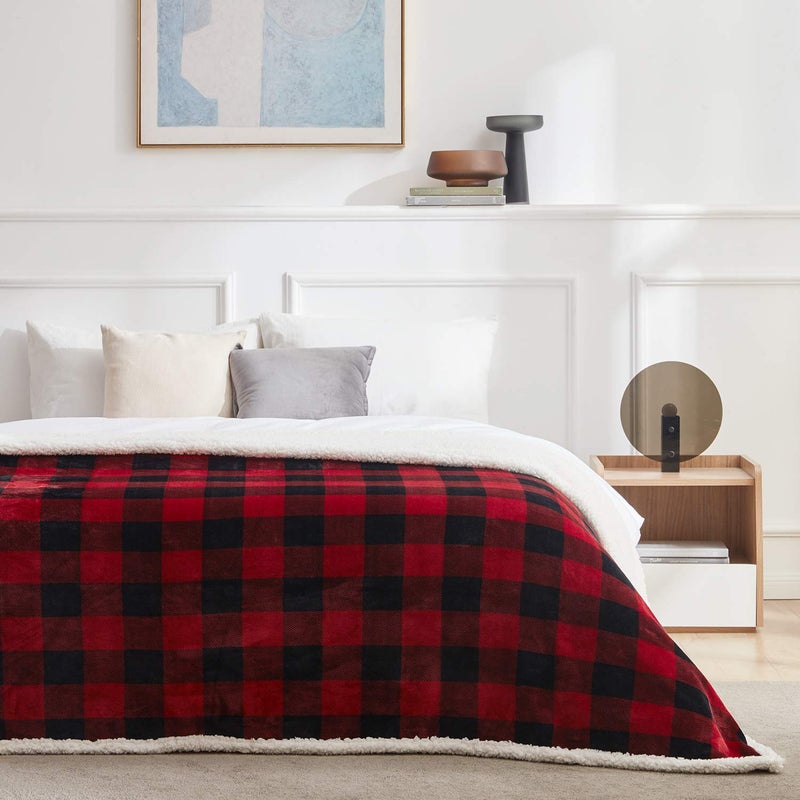 Touchat Sherpa Red and Black Buffalo Plaid Christmas Twin Blanket 60" X 70", Fuzzy Fluffy Soft Cozy Throw Blanket, Fleece Flannel Plush Microfiber Blanket for Couch Bed Sofa - Image 4