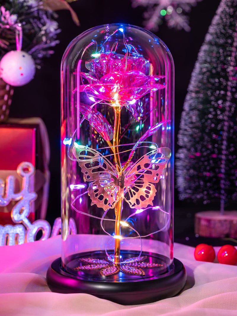 Mothers Day Rose Gifts for Mom Galaxy Glass Rose Flower Gifts Forever Eternal Crystal Light Up Rose in Glass Dome with Butterfly Anniversary Birthday Gifts for Women Mom Wife Daughter Sister Pink