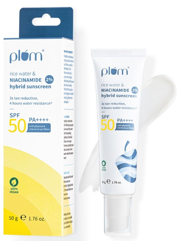 Plum 2% Niacinamide & Rice Water Sunscreen SPF 50 PA+++ | for Oily, Dry & Combination Skin | UVA/UVB Protection | Reduces Tan & Brightens Skin | No White Cast & Non-Sticky | for Women & Men | 50g - Image 1