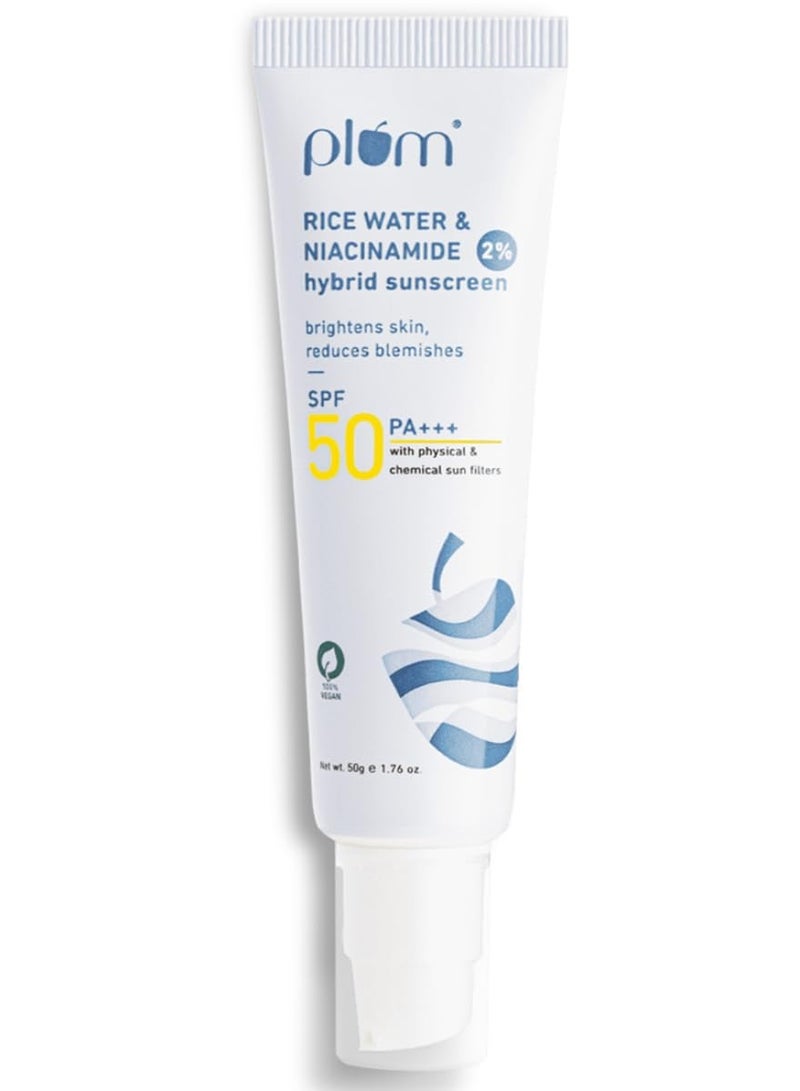 Plum 2% Niacinamide & Rice Water Sunscreen SPF 50 PA+++ | for Oily, Dry & Combination Skin | UVA/UVB Protection | Reduces Tan & Brightens Skin | No White Cast & Non-Sticky | for Women & Men | 50g - Image 2