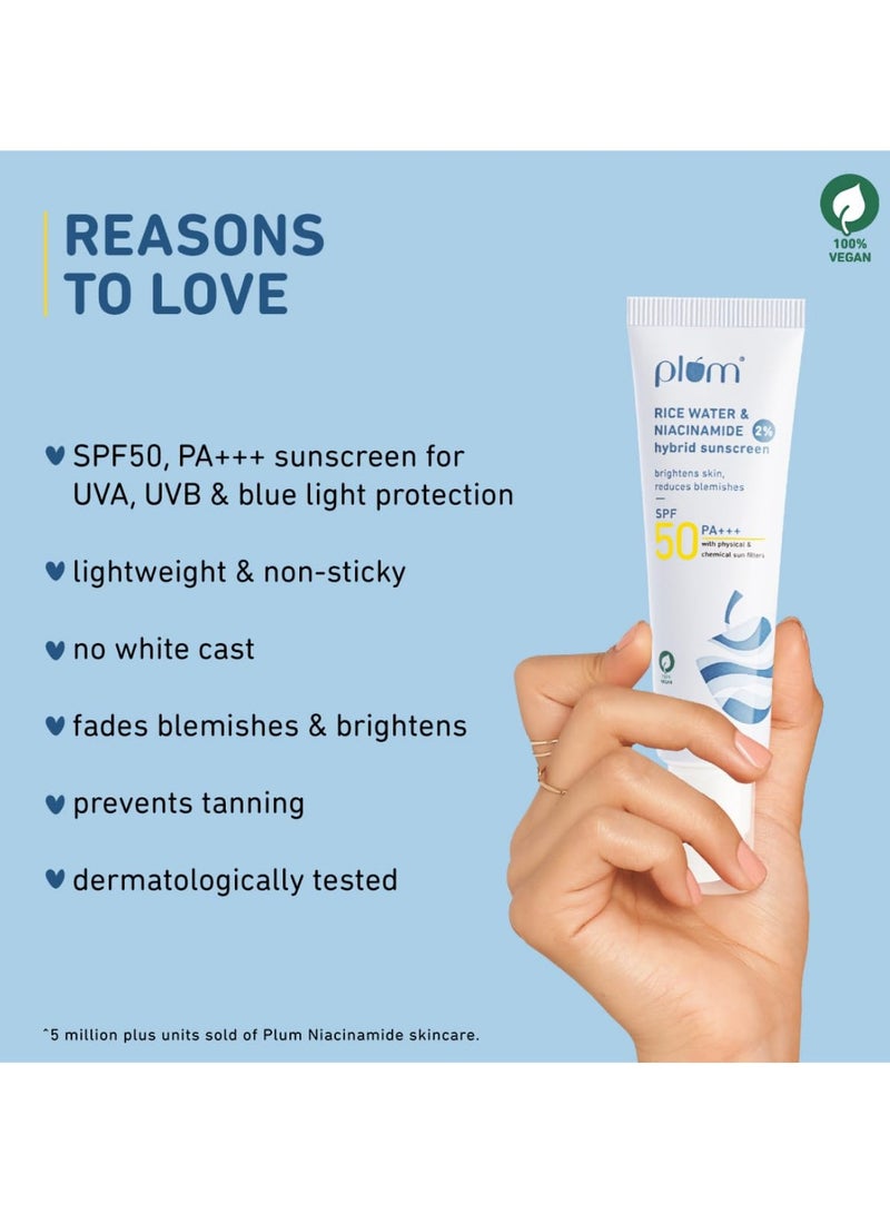 Plum 2% Niacinamide & Rice Water Sunscreen SPF 50 PA+++ | for Oily, Dry & Combination Skin | UVA/UVB Protection | Reduces Tan & Brightens Skin | No White Cast & Non-Sticky | for Women & Men | 50g - Image 5