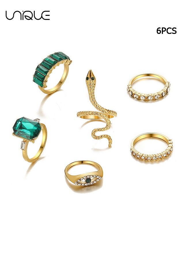 يونيك 6 قطع مجموعة خاتم - خمر الماس مجموعة خاتم الزمرد - خاتم اعوج الذهب - مجموعة خاتم عين الشر - مجوهرات نسائية للبنات - Image 1