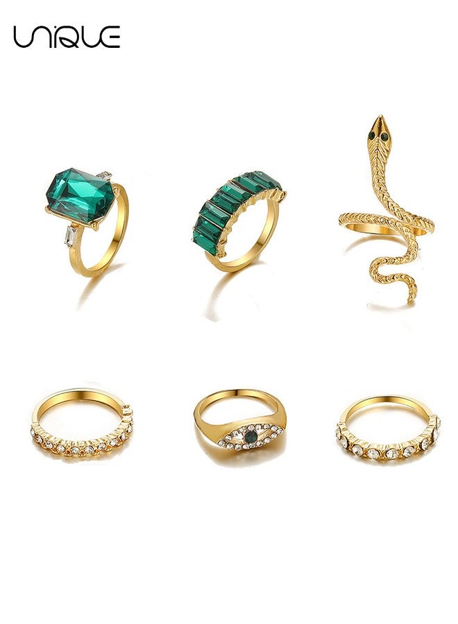 يونيك 6 قطع مجموعة خاتم - خمر الماس مجموعة خاتم الزمرد - خاتم اعوج الذهب - مجموعة خاتم عين الشر - مجوهرات نسائية للبنات - Image 3
