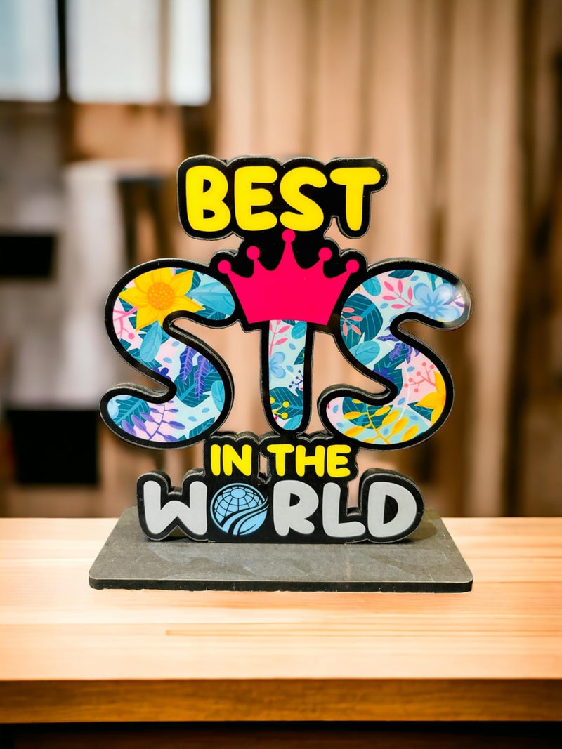 WARMINGO DE Best Sis In The World Wooden Trophy For Sis | Gift For Sister | Rakshabandhan Gift For Sister (Multicolor 6 x 5.5 Inches) - Image 1
