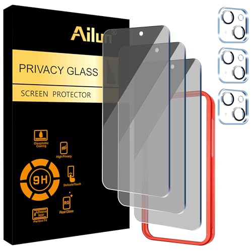 Ailun 3 Pack Privacy Screen Protector for iPhone 15 [6.1 inch] + 3 Pack Camera Lens Protector with Installation Frame, Anti Spy Private Tempered Glass Film, Case Friendly, [9H Hardness] - HD - Image 1