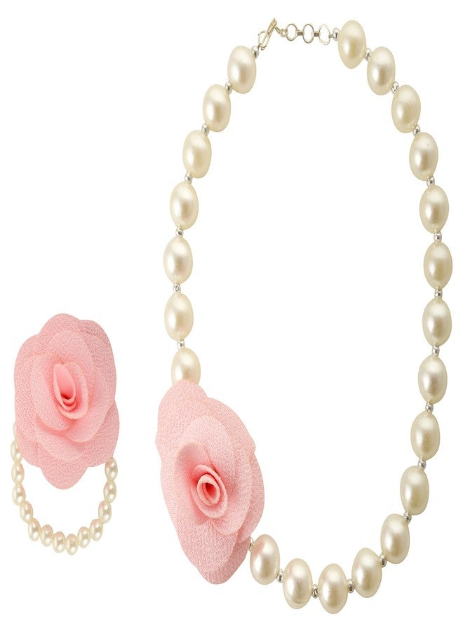 FUNKRAFTS 1 Pair Girls Pearl Necklace & Bracelet Set Acrylic Pearl Beads Jewelry Set for Girls Kids Pink - Image 1