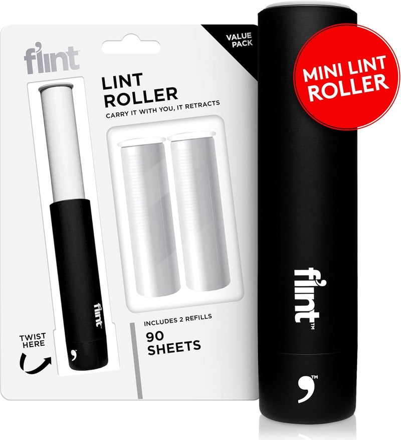 Flint Classic Black Retractable Mini Lint Roller with 90 Extra Sticky Sheets, Small and Portable Lint Roller, Ideal Pet Hair Remover, Travel Lint Rollers for pet Hair Extra Sticky - Image 1