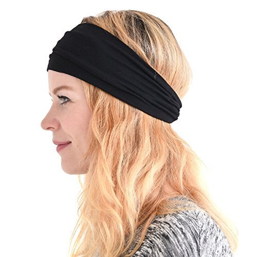 CHARM Womens Headband Wrap Bandana - Stretch Elastic Yoga Workout Running Head band Black - Image 1