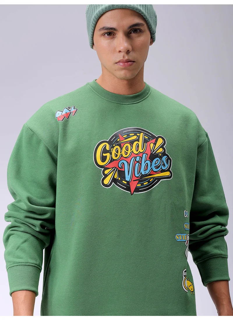 The Indian Garage Co Men Knitted Oversized Placement Print Long Sleeve Polyester Sweatshirt