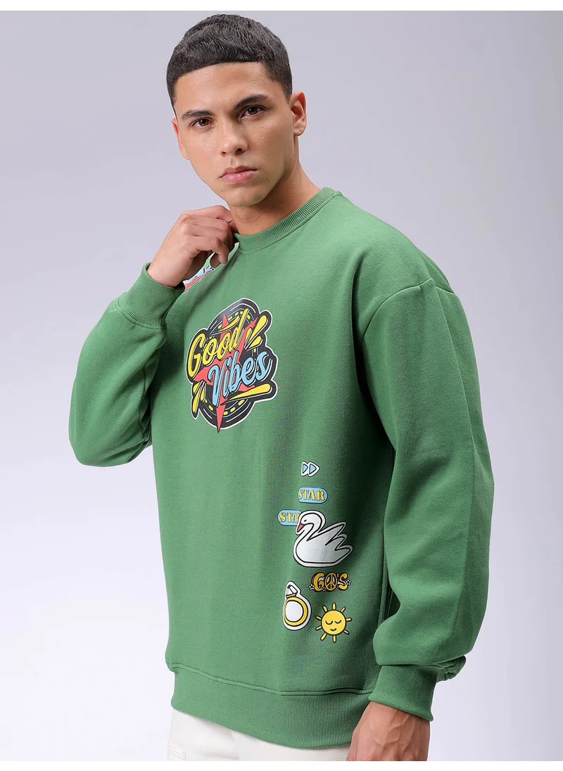 The Indian Garage Co Men Knitted Oversized Placement Print Long Sleeve Polyester Sweatshirt