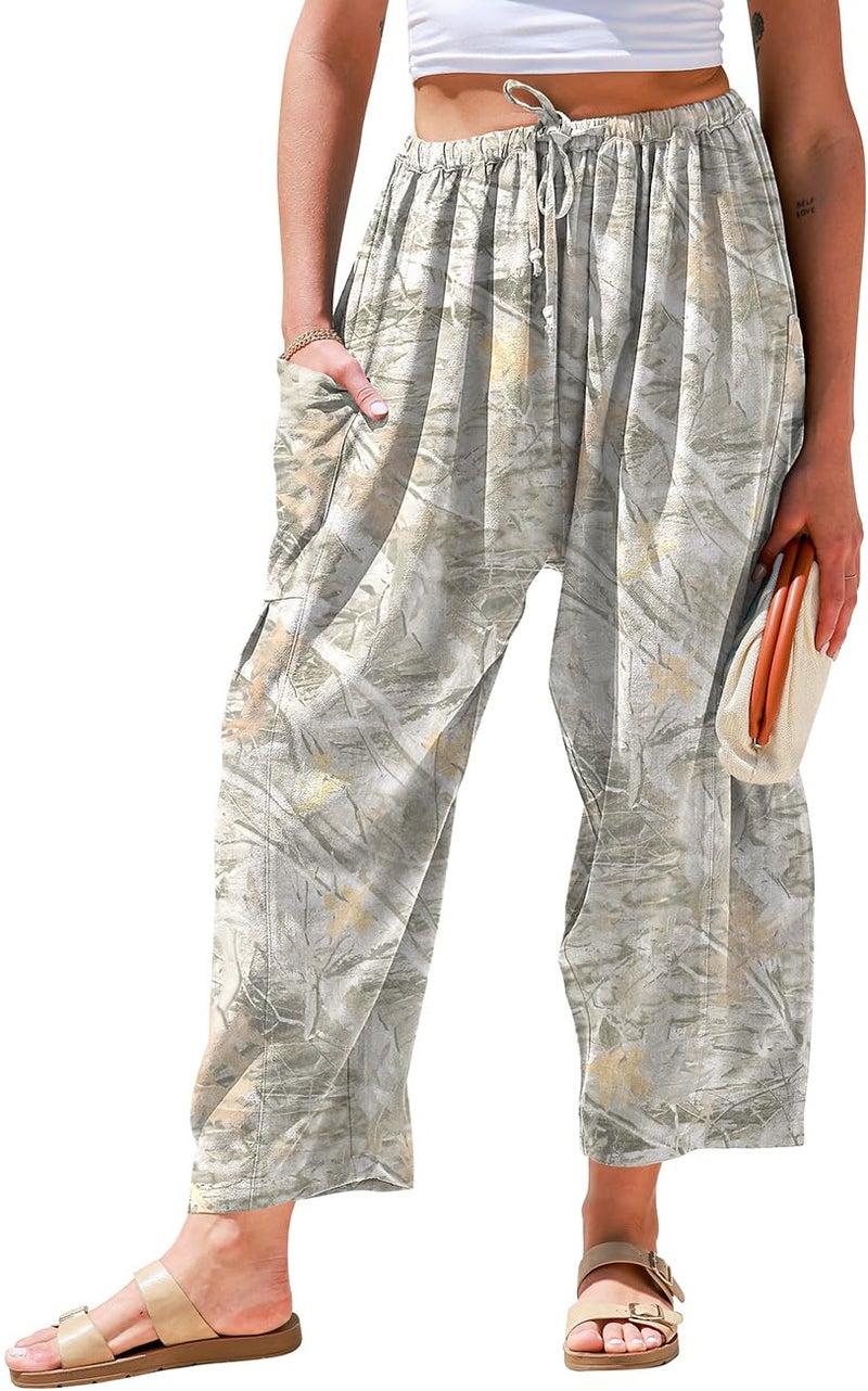 TARSE Womens Linen Wide Leg Pants Casual Loose Drawstring Low Waist Beach Palazzo Harem Pants with Pockets(MapleLea,L) - Image 1